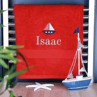 Duncan Stewart Kid's Personalised Sailing Boat Bath Towel in Red