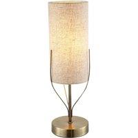 Happy Homewares Sleek Antique Brass Metal Table Lamp with Cylindrical Linen Shade in Metallic Gold