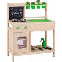 CASART Kids Play Kitchen Toy Pretend Playset w/ Chalkboard & Stoves & Sink in Natural