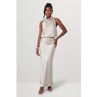 MissPap Women's Premium Satin Bias Puddle Skirt Co-Ord in Silver | Size: 16