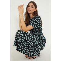 Dorothy Perkins Women's Spot Shirred Waist Short Sleeve Midi Dress in Green | Size: 10