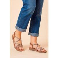 Good For the Sole Women's : Edie Faux Leather Embellished Cross Strap Low Wedge Sandals in Tan | Size: 4