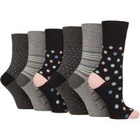 SOCKSHOP Gentle Grip Women's 6 Pack Non Elastic Loose Top Patterned Cotton Rich Socks in Black | Size: 4-8