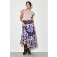 Apricot Women's Patchwork Print Tiered Maxi Skirt in Purple | Size: 10