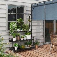 OUTSUNNY 3 Tiered Plant Stand Ladder Shelf with Hanging Hooks for Indoor Outdoor Use in Black