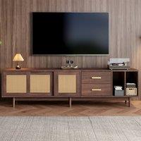 BTM TV Stand Cabinet with Drawers Sliding Doors Rattan TV Console in Brown