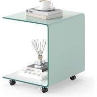 Gymax C-Shaped Tempered Glass Side Table With 2-tier Shelf 4 Lockable Wheels in White