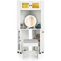 Gymax Corner Dressing Table With Lights Cushioned Stool & Charging Station in White