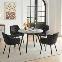 SONARA Grey Marble Round Dining Table with 4 Faux Suede Dining Chairs Set in Black