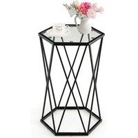 Costway Hexagonal Glass Coffee Table Metal Frame Sofa Side Table Modern End Table in Black