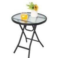 Costway Patio Folding Glass Side Table 46 cm Portable Round Bistro Coffee Table in Black