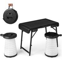 Costway 3Piece Folding Table Stool Set w/ a Camping Table & 2 Retractable LED Stools in Black