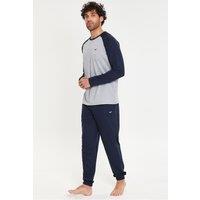Threadbare Men's 'Baddaway' Cotton Blend Contrast Sleeve Pyjama Set in Navy | Size: Medium