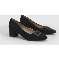 Wallis Women's Danny Faux Suede Square Toe Covered Buckle Medium Block Heel Court shoes in Natural Black | Size: 5