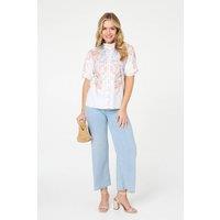 Izabel London Women's Floral 1/2 Puff Sleeve Boxy Shirt in White | Size: 18