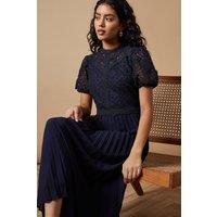 Oasis Women's Petite Lace Puff Sleeve Pleated Midi Dress in Navy | Size: 14
