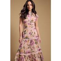 Oasis Women's Floral Printed Chiffon Lace Insert Dress in Green | Size: 10