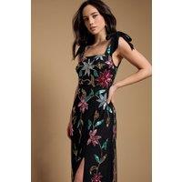 Oasis Women's Floral Embellished Split Midi Dress in Black | Size: 8