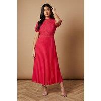 Oasis Women's Lace Puff Sleeve Pleated Midi Dress in Hot Pink | Size: 10