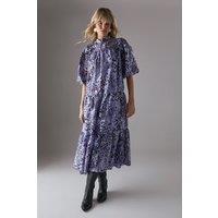 Warehouse Women's Organza High Neck Tier Midi Smock Dress in Animal | Size: 10