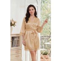 MODISHION Women's Lace Trim Short Robe with Tie Waist in Nude | Size: Large