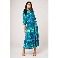 FS Collection Women's Abstract Floral Print Shirt Midi Dress with Ruffled Hem In Blue | Size: XL