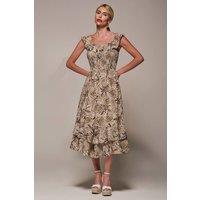 Jolie Moi Women's Shirred Ruffle Sleeve Tiered Midi Dress in Brown | Size: 8