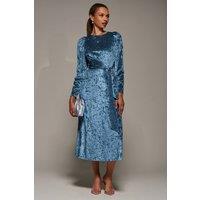 Jolie Moi Women's Long Sleeve Velvet Tie Detail Midi Dress in Blue | Size: 8