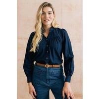 Lily & Me Women's Wayfaring Textured Cotton Long Sleeve Blouse with V-neckline in Navy | Size: 14