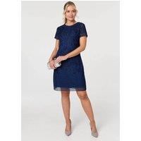 Izabel London Women's Sheer Lace Layered Knee Length Dress in Navy | Size: 10