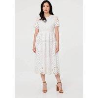 Izabel London Women's Semi Sheer Lace Layered Midi Dress in White | Size: 12