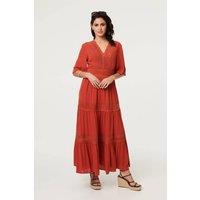 Izabel London Women's Lace Trim Tiered 1/2 Sleeve Maxi Dress in Orange | Size: 18