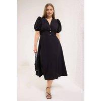 WOVCOR Women's V-Neck Puff Sleeve Button Detail Midi Dress in Black | Size: 14