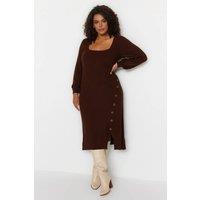 WOVCOR Women's Square Neck Ribbed Knit Button Detail Midi Dress in Brown | Size: XL
