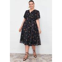 WOVCOR Women's V-Neck Floral Wrap Midi Dress with Flutter Sleeves | Size: 16
