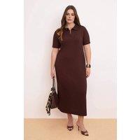 WOVCOR Women's Polo Collar Ribbed Knit Maxi T-Shirt Dress in Brown | Size: 4XL