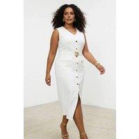 WOVCOR Women's Button Front Belted V-Neck Midi Dress with Front Slit in White | Size: 16