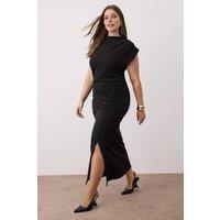 WOVCOR Women's Ruched Asymmetric Neck Bodycon Midi Dress with Front Split in Black | Size: 5XL