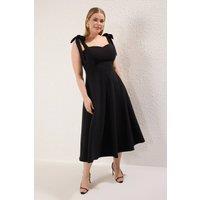 WOVCOR Women's Tie Shoulder Sweetheart Neck A-Line Midi Dress in Black | Size: 14