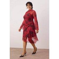WOVCOR Women's Floral Print Ruched Mesh Midi Dress with Long Sleeves | Size: XL