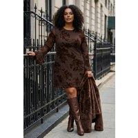 WOVCOR Women's Floral Burnout Sheer Sleeve Mini Dress in Brown | Size: XL