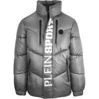 Plein Sport Men's Bold Vertical Logo Shiny Padded Grey Jacket | Size: Medium