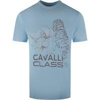Cavalli Class Men's Floral Tiger Design Light Blue T-Shirt | Size: Large