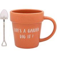 Lesser & Pavey Plant Pot Mug & Shovel Tea Spoon Gift Set - Life's A Garden in Terracotta | Size: 250ml