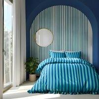 OHS Frill Duvet Cover Bedding Set Pillowcase Stripe Quilt Luxury in Blue | Size: Single