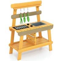 CASART Kids Outdoor Kitchen Toy Wooden Pretend Play Kitchen w/Sink & BBQ Rack in Yellow