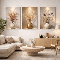 Mafett Premium 3 Panel Wall Art Canvas Serene Dried Botanicals in Beige | Size: W24 x H32