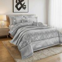 Snug City Embroidered Duvet Cover Set Luxury Bedding with Matching Accessories in Silver | Size: Double