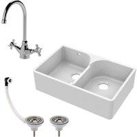 Balterley Fireclay 2 Bowl Stepped Weir Butler Sink Overflow Tap Waste 795mm in White