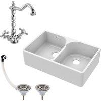 Balterley Fireclay 2 Bowl Stepped Weir Butler Sink Overflow Tap Waste 795mm in White